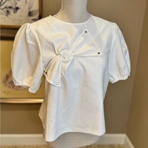 NWT! SHE + SKY White Puff Sleeve Blouse Bow Knot Detail